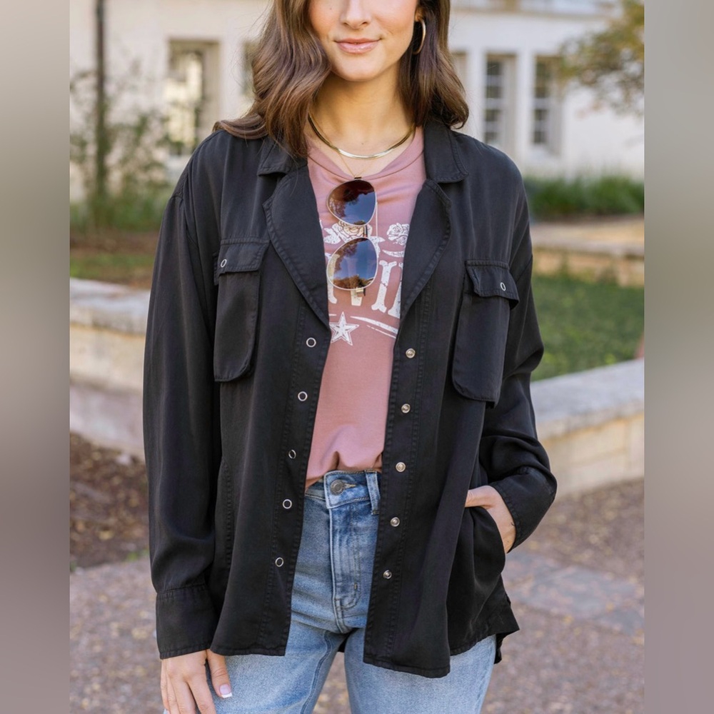Black Tencel™ Lyocell Utility Shirt Jacket